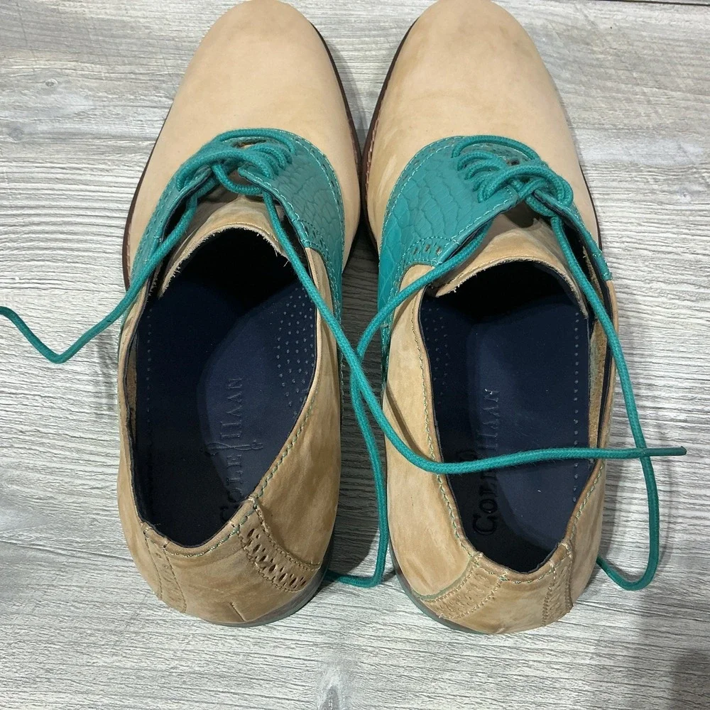 Cole Haan Tan Suede Green Croc Embossed Laced-Up Oxford Men's 9.5M Formal Career